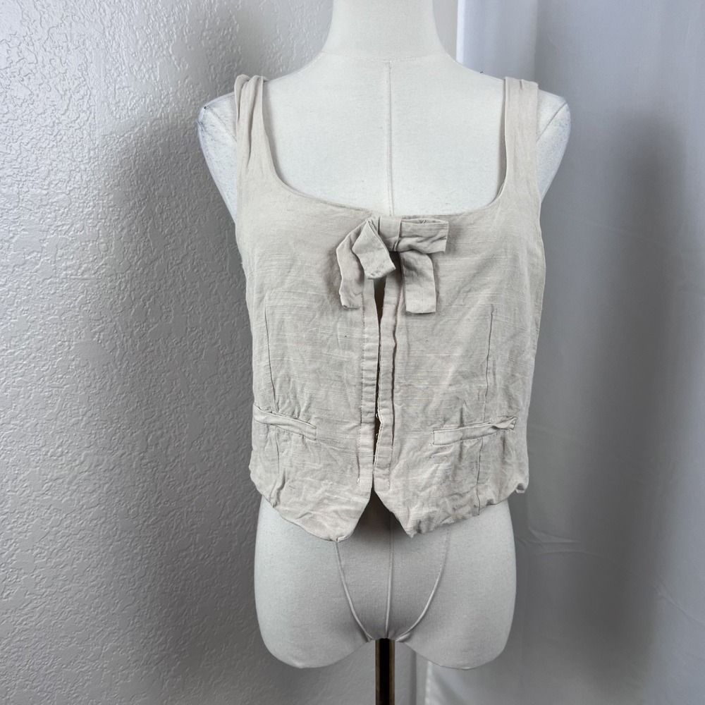 Y2K Vigoss Bow Vest Top Womens Medium Beige Hook & Eye Crop Cottagecore Boho